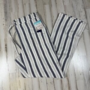 NWT Per Se Livin' In Linen Striped Pants Women's Sz L Drawstring Waist Wide Leg‎
